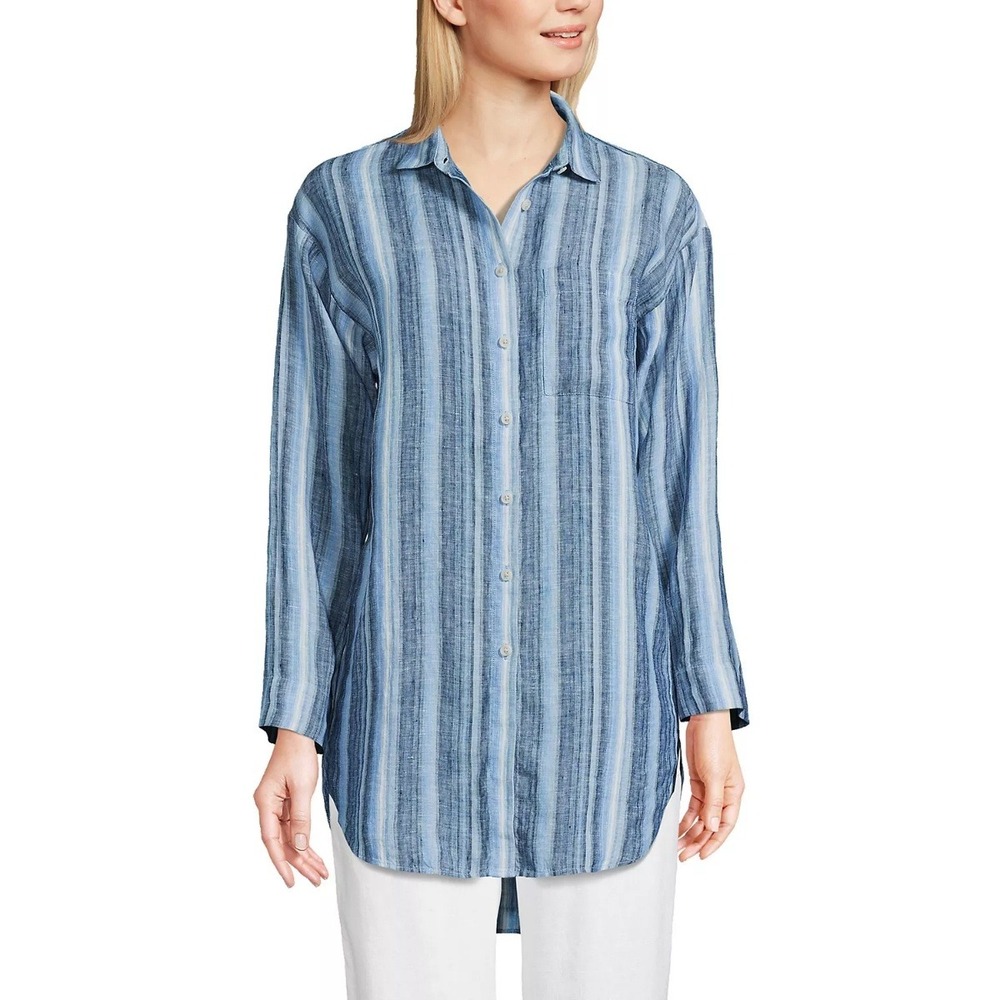 Lands End Womens Linen Long Sleeve Oversized Long Tunic Top Size Large Blue‎